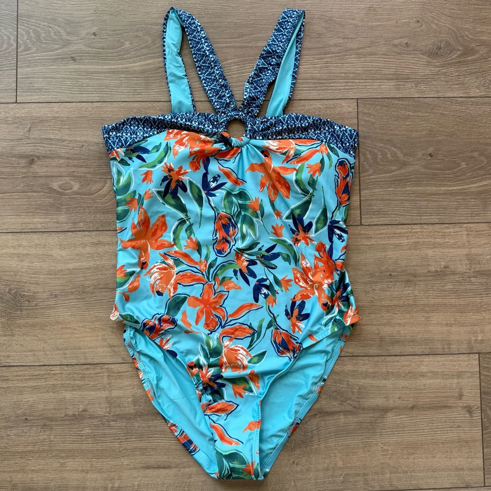 NWT $118 Anthropologie Tropical Keyhole Halter One-Piece Swimsuit Size Large